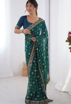 Shibhori Printed Georgette Scalloped Saree in Teal Blue