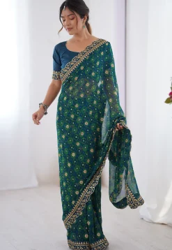 Shibhori Printed Georgette Scalloped Saree in Teal Blue