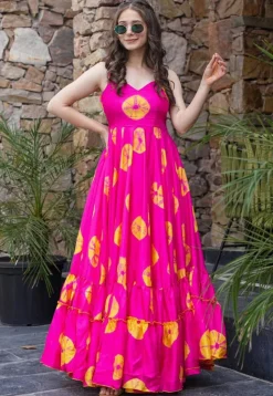 Shibhori Printed Rayon Tiered Gown in Fuchsia