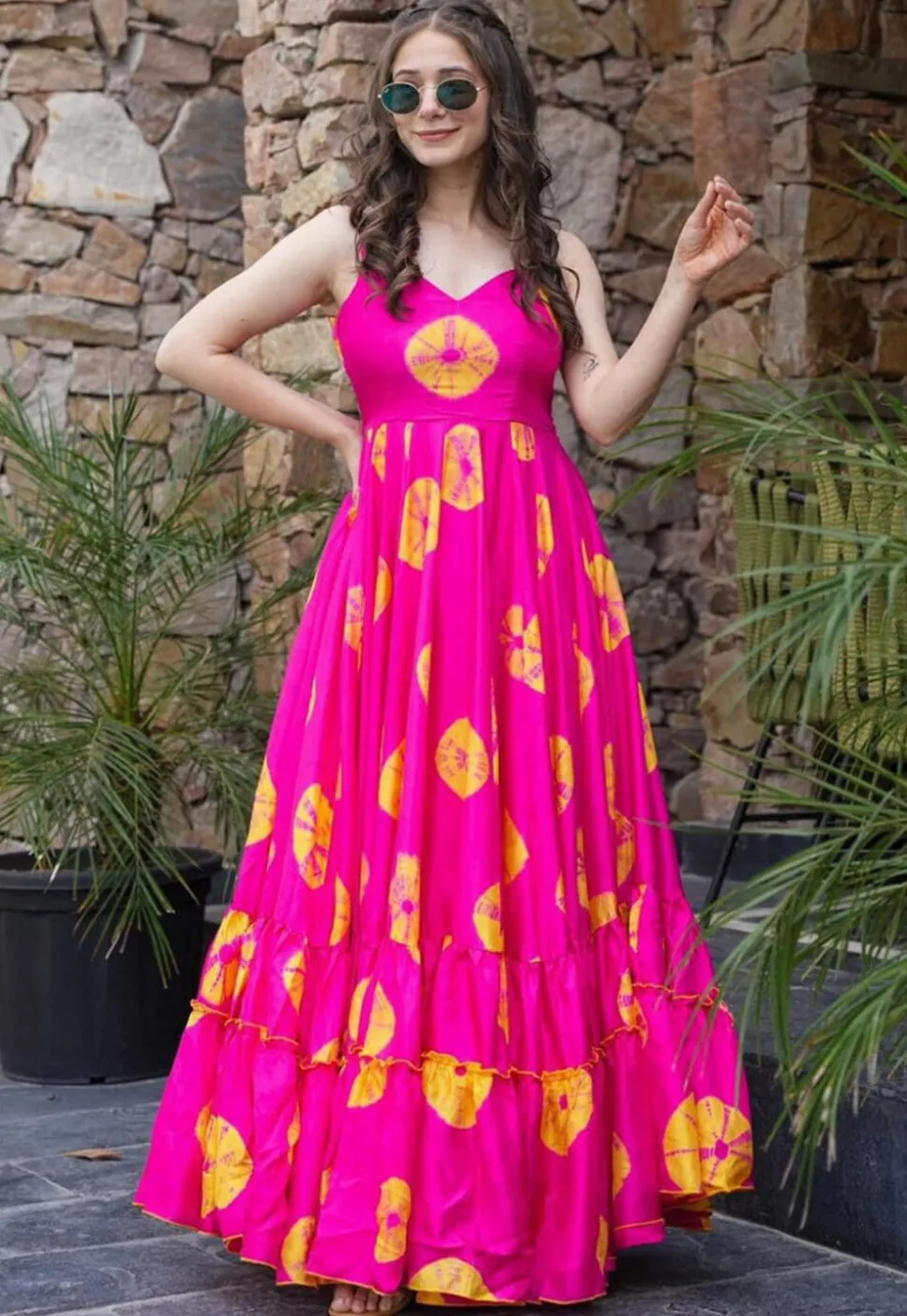 Shibhori Printed Rayon Tiered Gown in Fuchsia