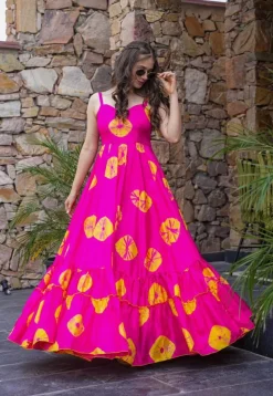 Shibhori Printed Rayon Tiered Gown in Fuchsia