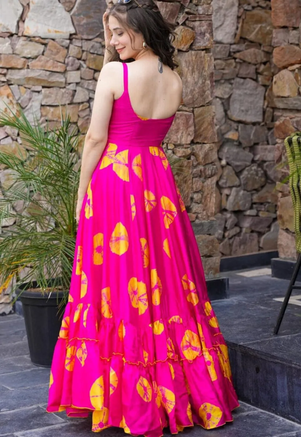 Shibhori Printed Rayon Tiered Gown in Fuchsia