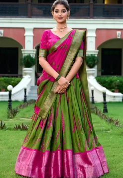 Shibori Printed Art Silk Lehenga in Green