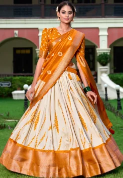 Shibori Printed Art Silk Lehenga in Cream