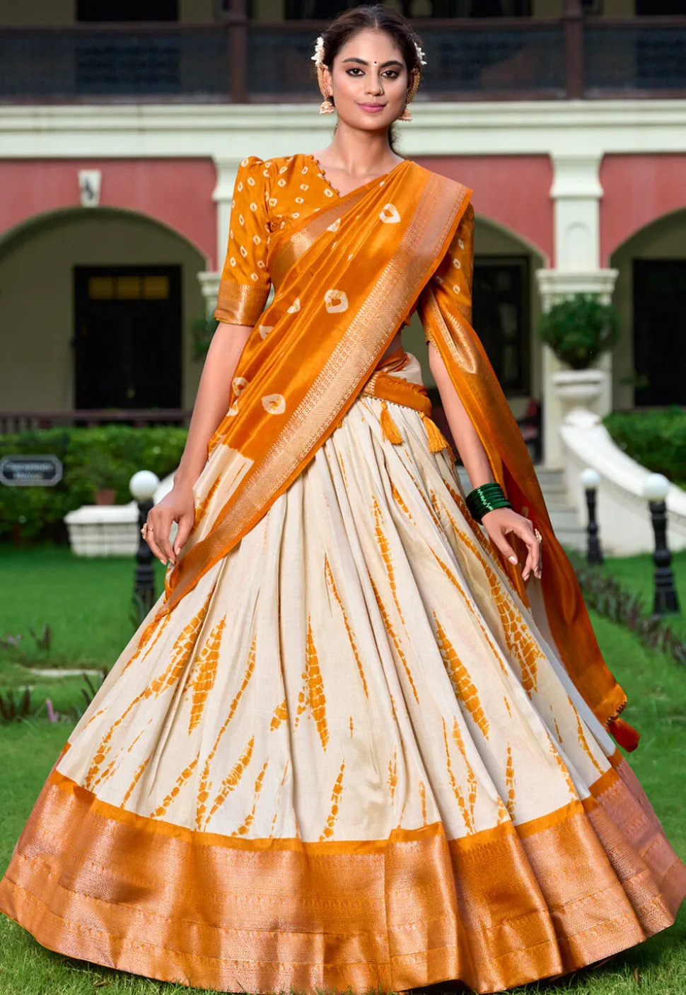 Shibori Printed Art Silk Lehenga in Cream