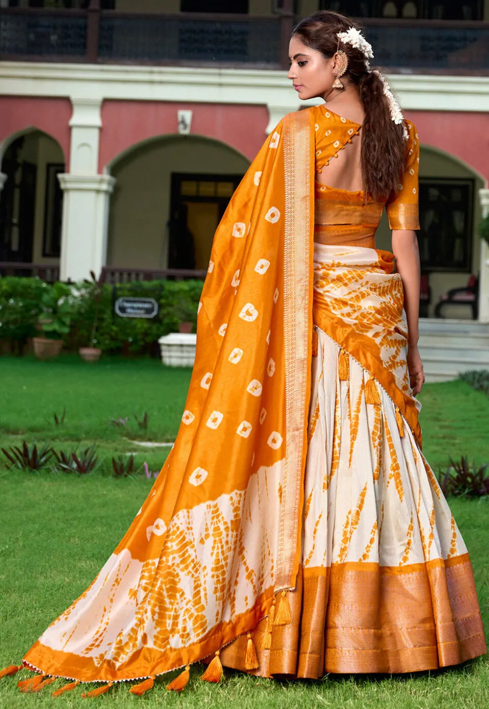 Shibori Printed Art Silk Lehenga in Cream