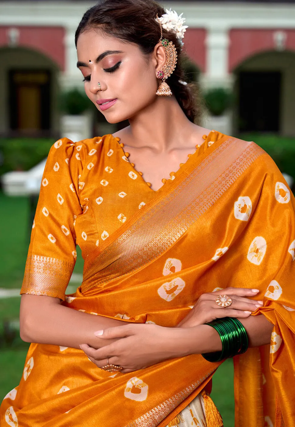 Shibori Printed Art Silk Lehenga in Cream