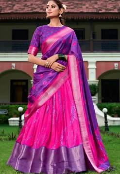 Shibori Printed Art Silk Lehenga in Fuchsia