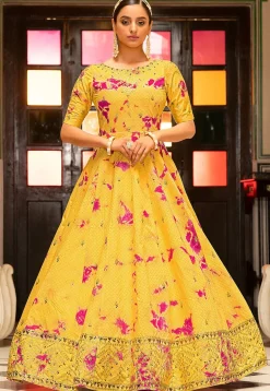 Shibori Printed Cotton Gown in Yellow