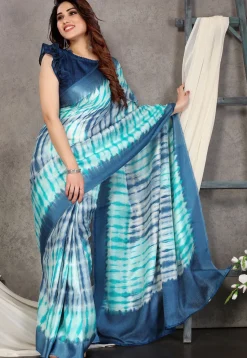 Shibori Printed Cotton Saree in Off White and Teal Blue
