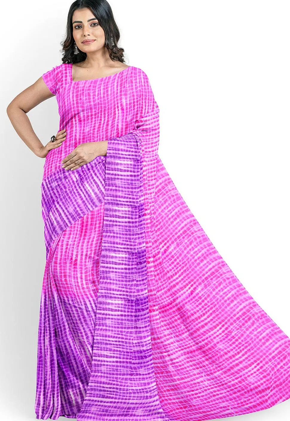 Shibori Printed Georgette Saree in Pink and Purple