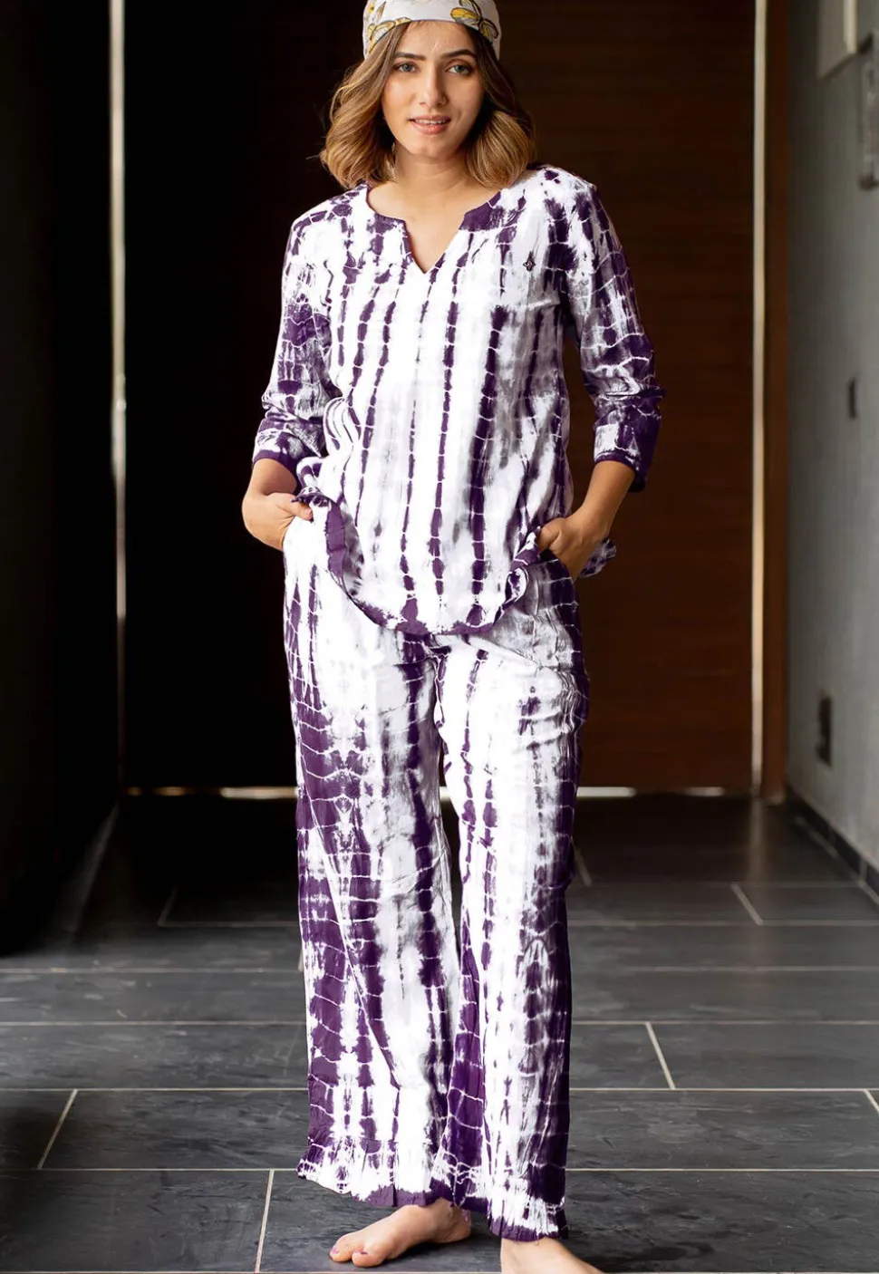 Shibori Printed Pure Cotton Co Ord Set in White and Dark Purple