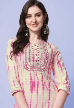 Shibori Printed Pure Cotton Pakistani Suit in Cream and Pink