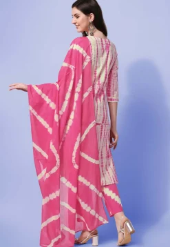 Shibori Printed Pure Cotton Pakistani Suit in Cream and Pink
