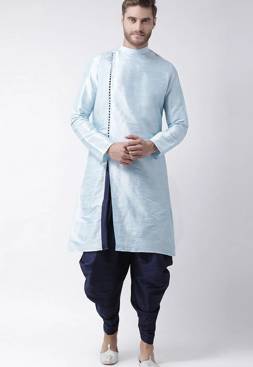 Solid Color Art Dupion Silk Dhoti Kurta in Light Blue