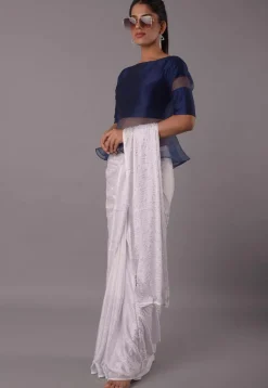 Solid Color Art Silk and Tissue Blouse in Navy Blue