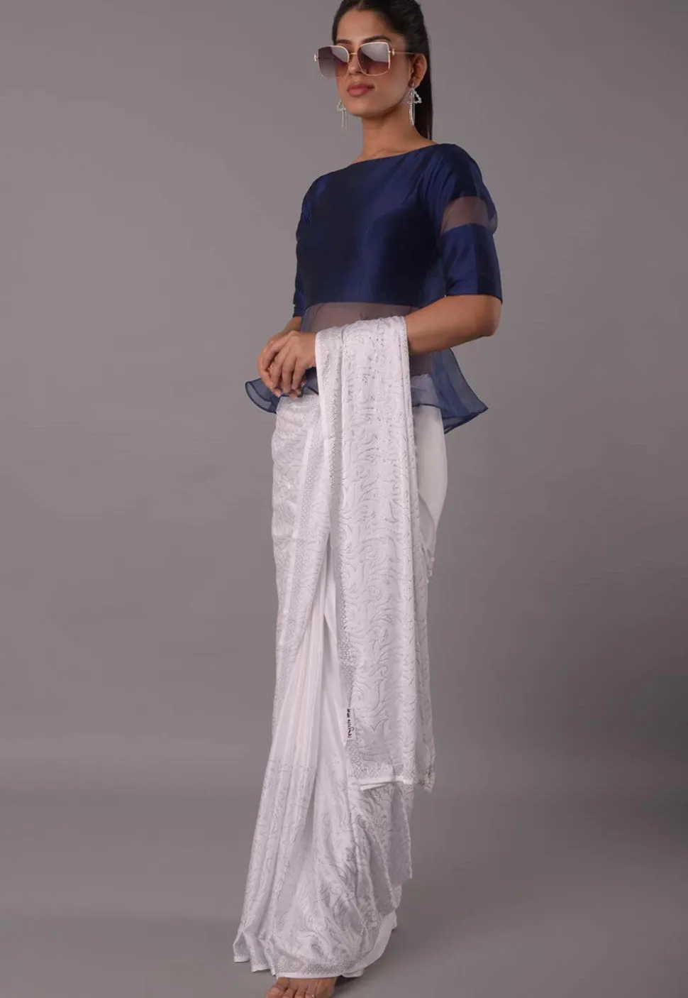 Solid Color Art Silk and Tissue Blouse in Navy Blue