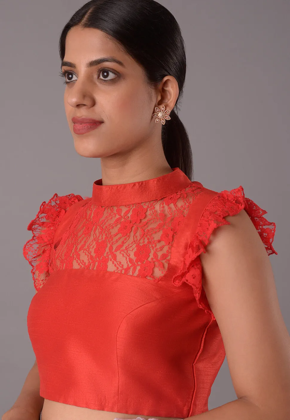 Solid Color Art Silk and Chantelle Net Blouse in Red