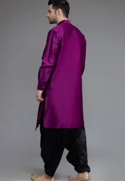 Solid Color Art Silk Asymmetric Kurta Set in Purple