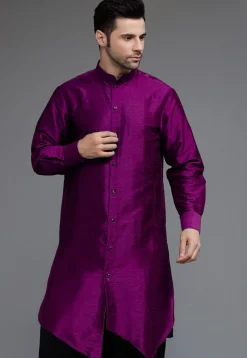 Solid Color Art Silk Asymmetric Kurta Set in Purple