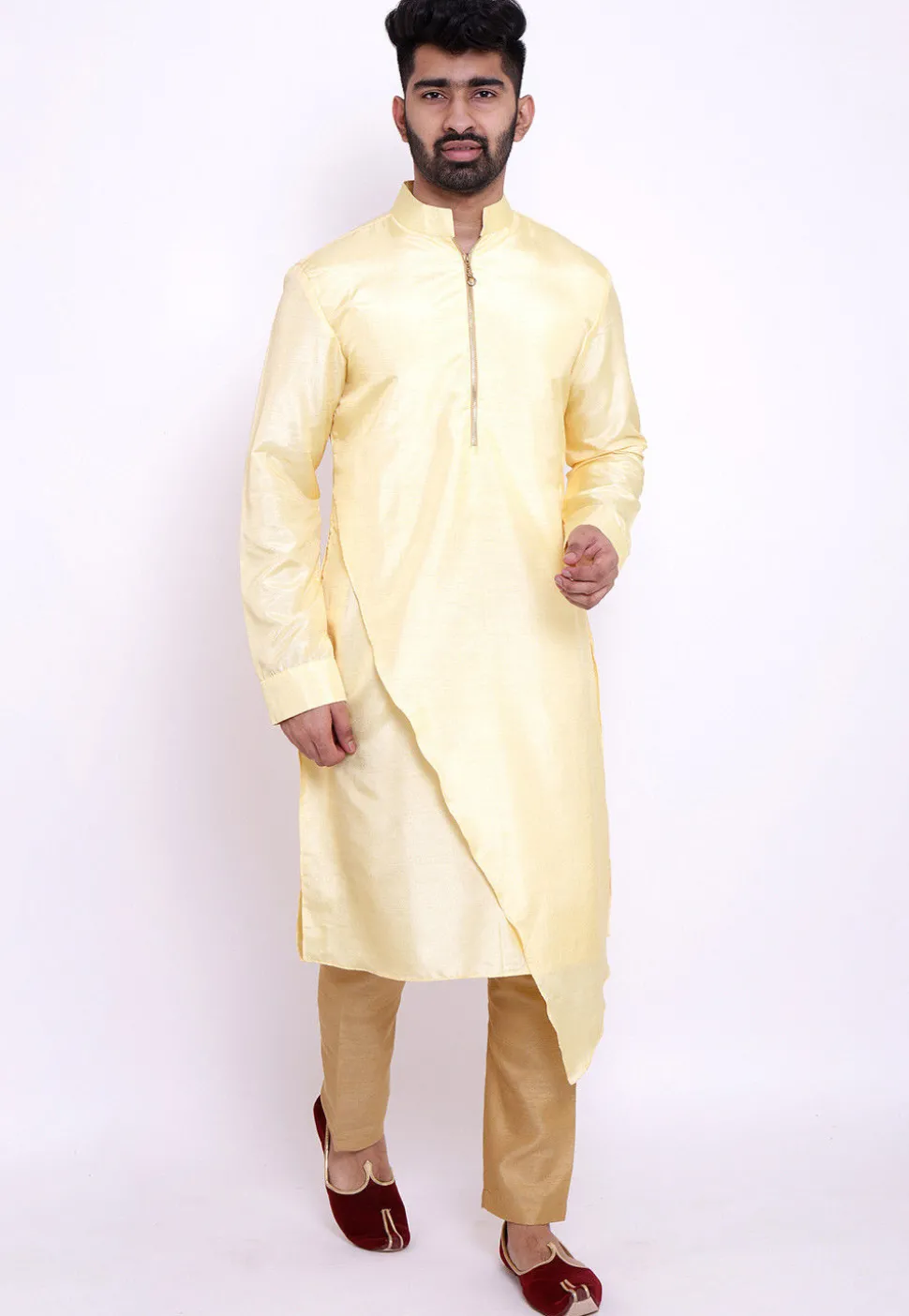 Solid Color Art Silk Asymmetric Kurta in Light Yellow