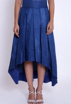 Solid Color Art Silk Asymmetric Pleated Skirt in Dark Blue