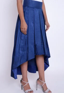 Solid Color Art Silk Asymmetric Pleated Skirt in Dark Blue