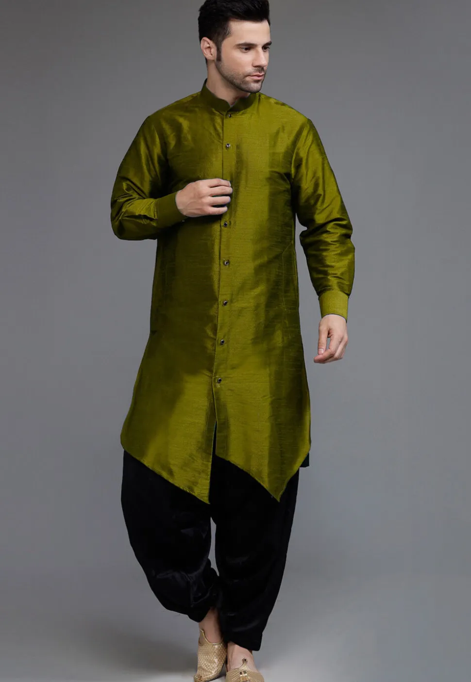 Solid Color Art Silk Asymmetric Kurta Set in Olive Green