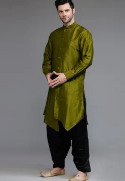 Solid Color Art Silk Asymmetric Kurta Set in Olive Green
