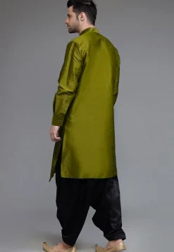 Solid Color Art Silk Asymmetric Kurta Set in Olive Green