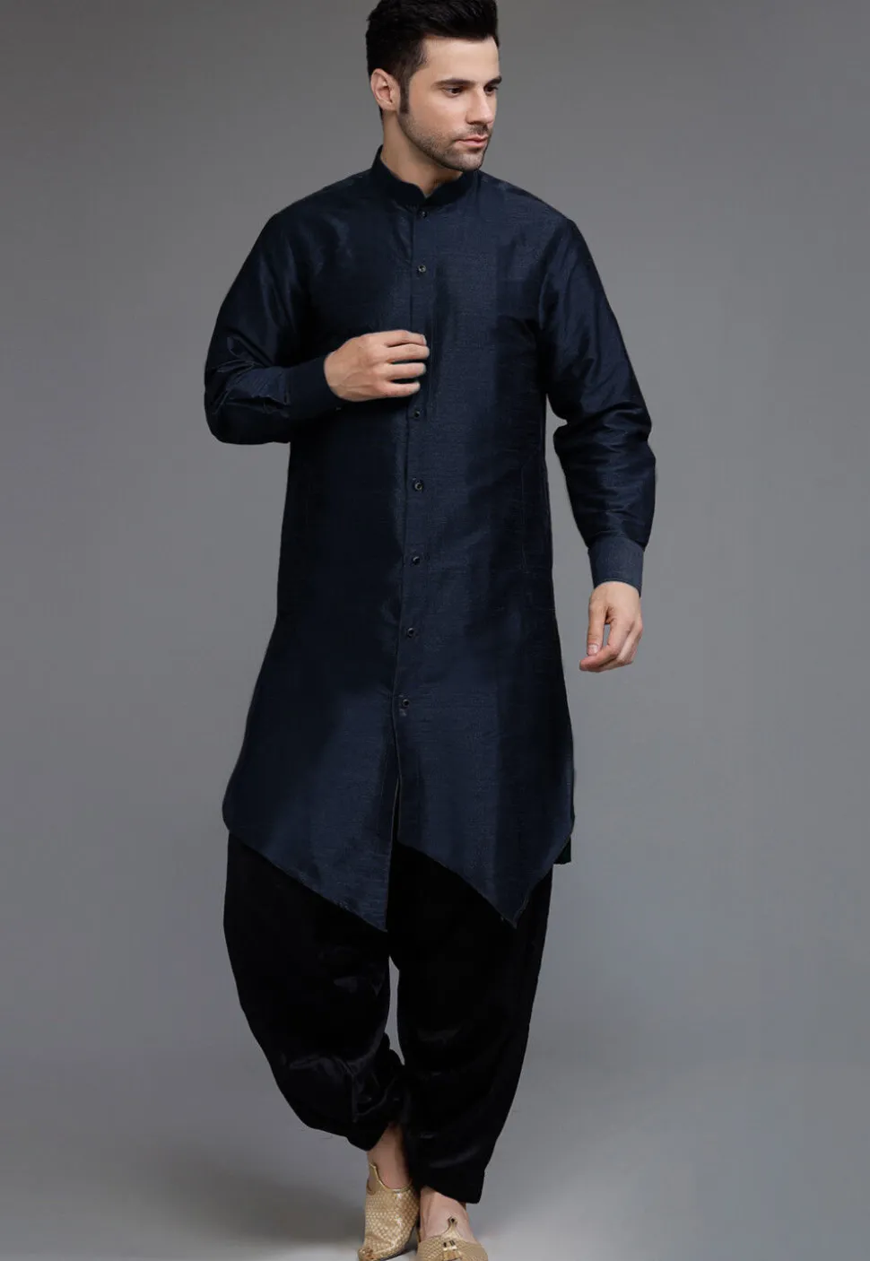 Solid Color Art Silk Asymmetric Kurta Set in Navy Blue