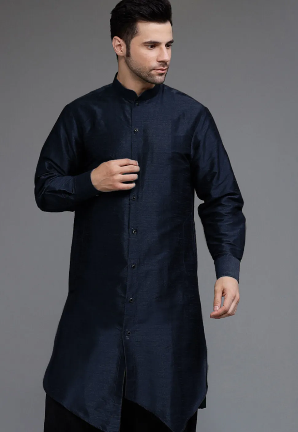 Solid Color Art Silk Asymmetric Kurta Set in Navy Blue