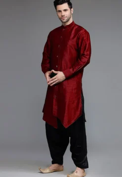 Solid Color Art Silk Asymmetric Kurta Set in Maroon
