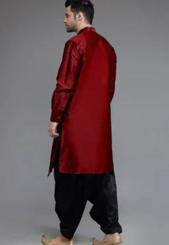 Solid Color Art Silk Asymmetric Kurta Set in Maroon