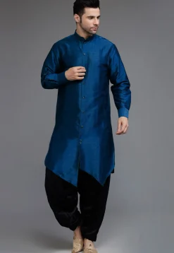 Solid Color Art Silk Asymmetric Kurta Set in Teal Blue