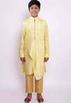 Solid Color Art Silk Asymmetric Kurta in Light Yellow