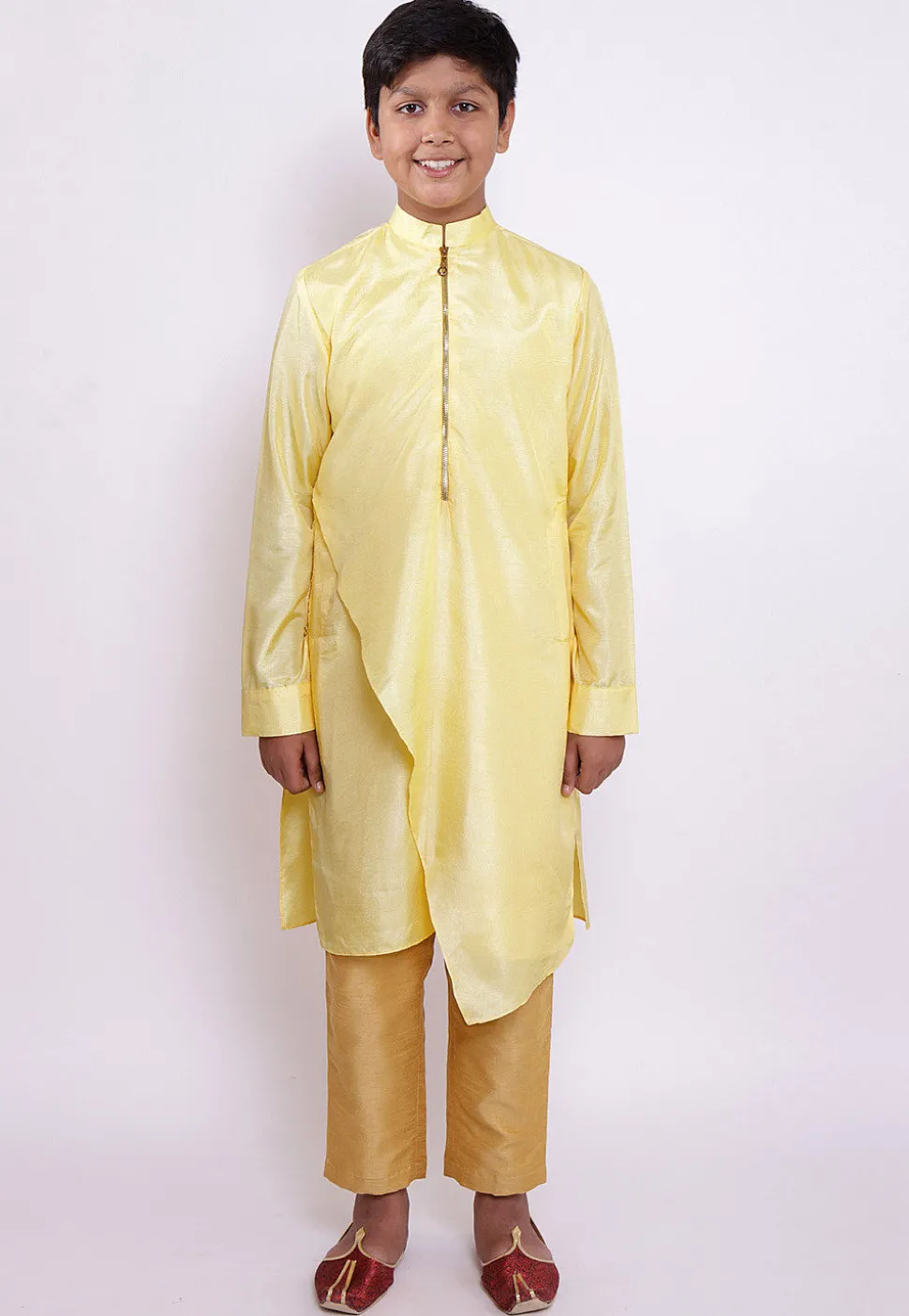 Solid Color Art Silk Asymmetric Kurta in Light Yellow