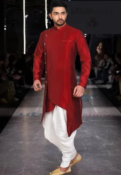 Solid Color Art Silk Asymmetric Kurta Set in Red