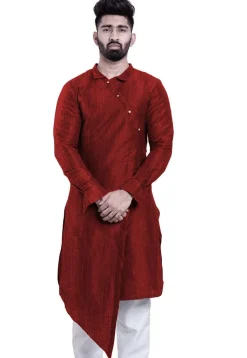 Solid Color Art Silk Asymmetric Kurta in Maroon