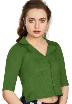 Solid Color Art Silk Blouse in Olive Green
