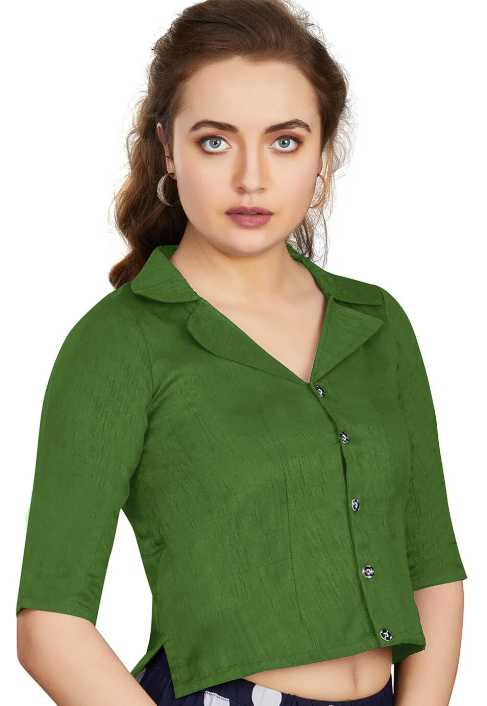 Solid Color Art Silk Blouse in Olive Green
