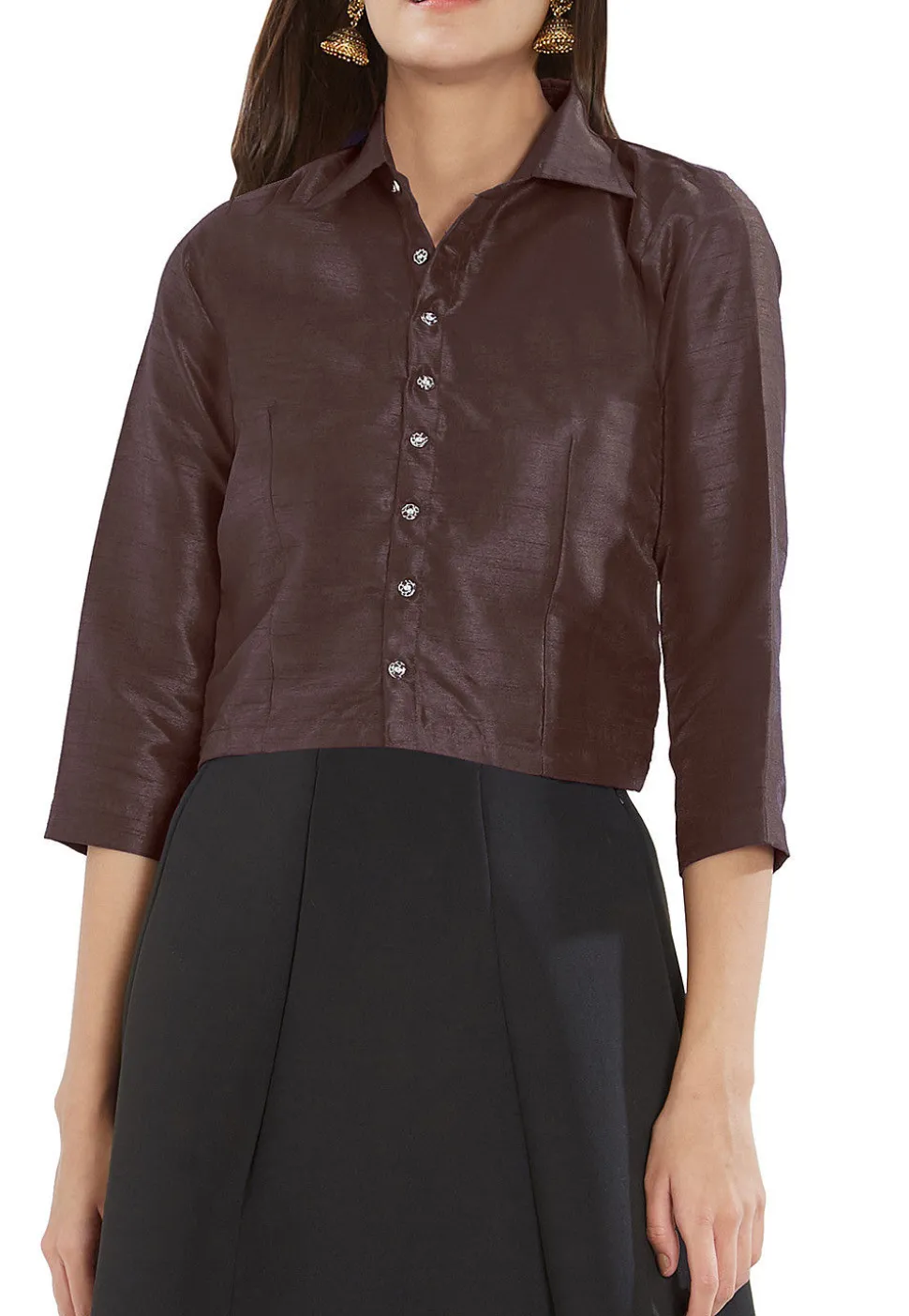 Solid Color Art Silk Blouse in Brown