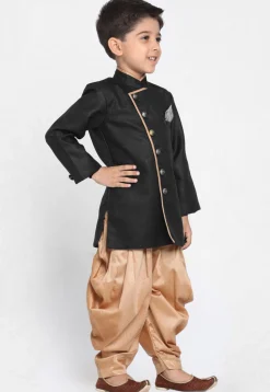 Solid Color Art Silk Dhoti Sherwani in Black
