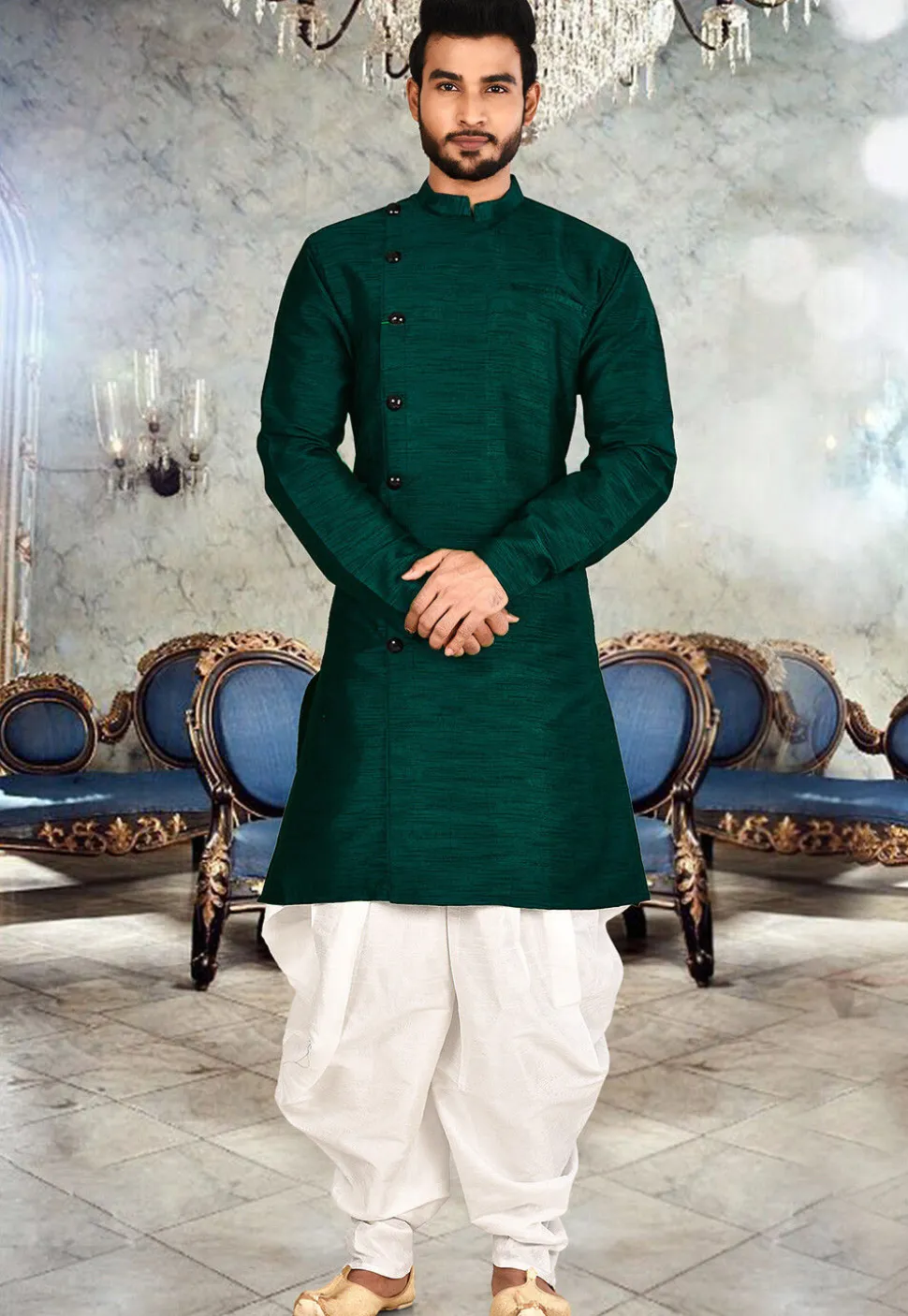Solid Color Art Silk Dhoti Kurta in Teal Green