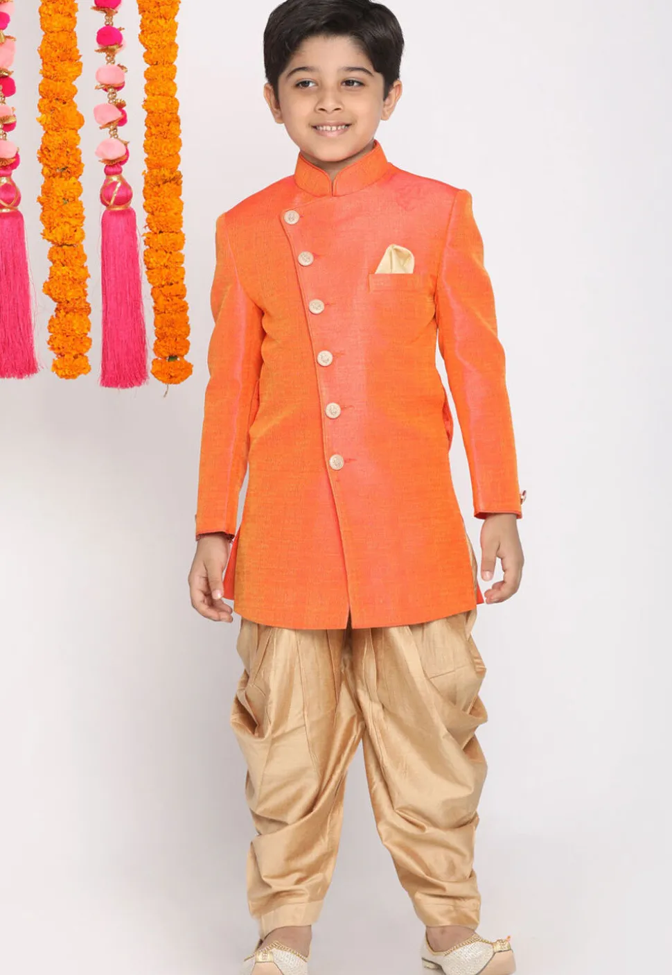 Solid Color Art Silk Dhoti Sherwani in Peach