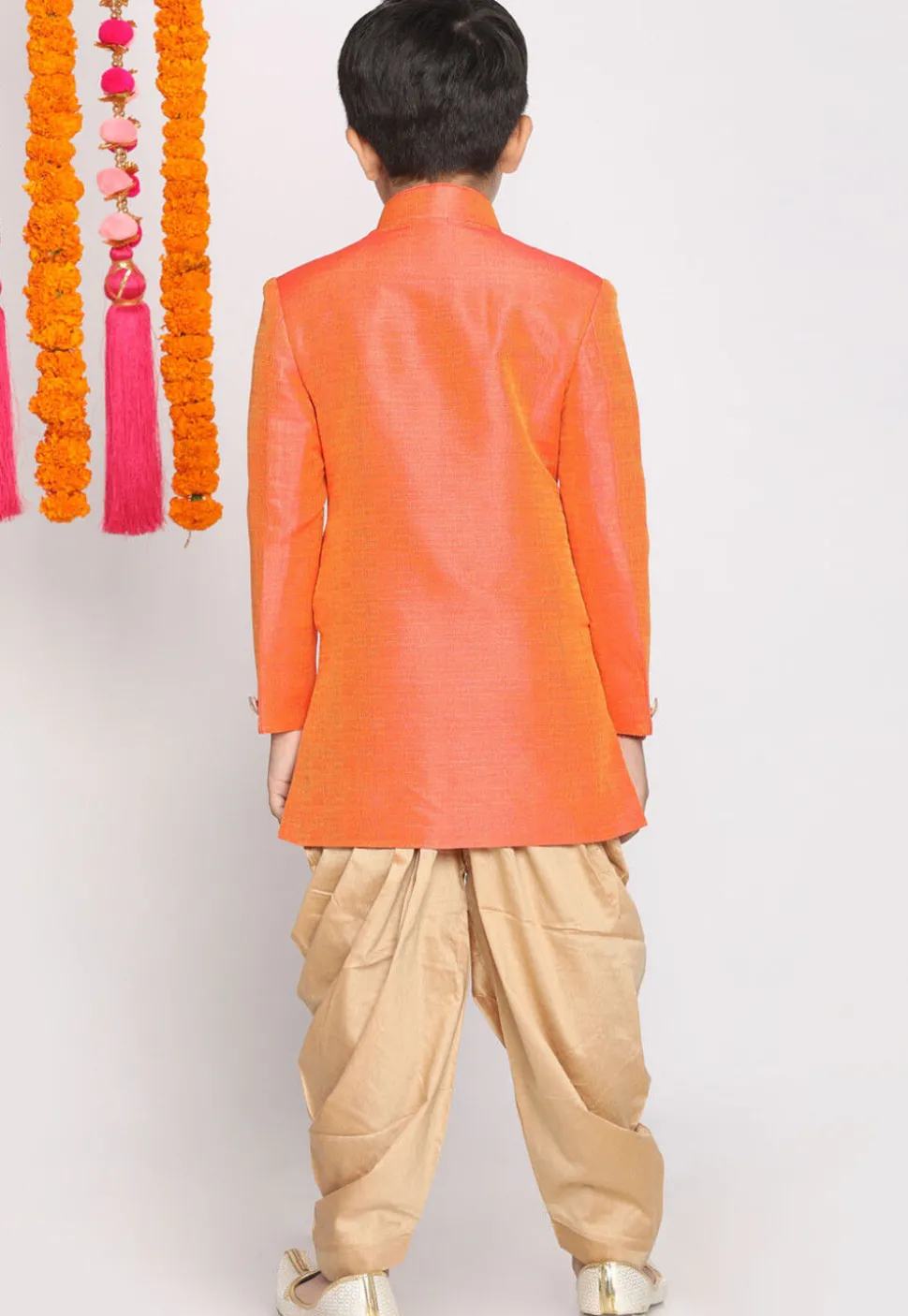 Solid Color Art Silk Dhoti Sherwani in Peach