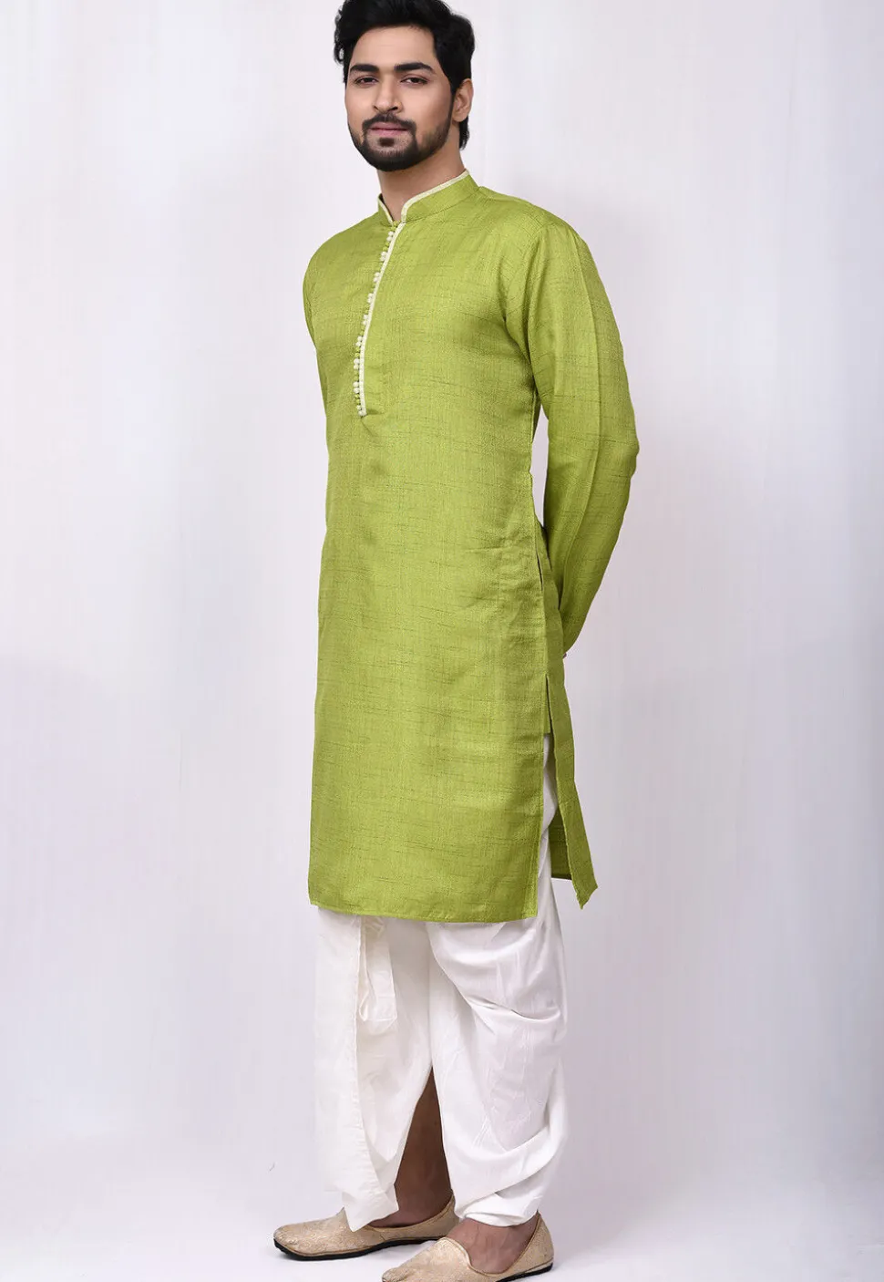 Solid Color Art Silk Dhoti Kurta in Light Green