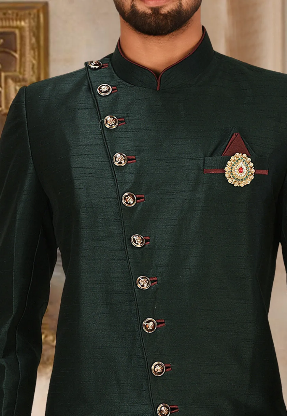 Solid Color Art Silk Dhoti Kurta in Dark Green