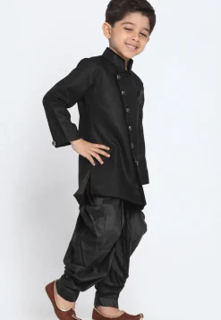Solid Color Art Silk Dhoti Sherwani in Black