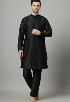 Solid Color  Art Silk Front Slit Kurta Set in Black